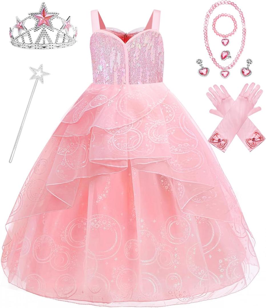 Wicked Glinda Dress Costume for Girls, Pink Tulle and Sequin Witch Dress for Kids ChristmasHalloween Cosplay Costumes (9-10 Years)