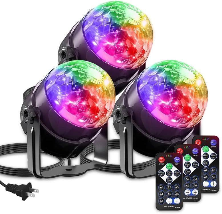 Sound Activated Party Lights with Remote Control Dj Lighting, Disco Ball Light Projected Effect Dancing Lights, Strobe Lamp for Parties Supplies Birthday Christmas Bar KTV Decorations -3-Pack