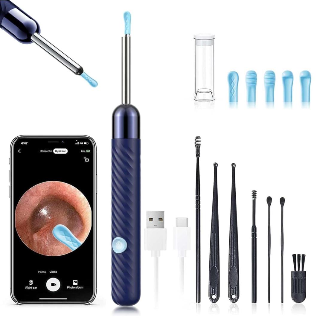 LEIPUT Ear Wax Removal - Earwax Remover Tool with 8 Pcs Ear Set - Ear Canal Cleaner with 1080P Camera - Ear Cleaning Kit with 6 Ear Spoon - Ear Camera for iOS & Android (Navy Blue)