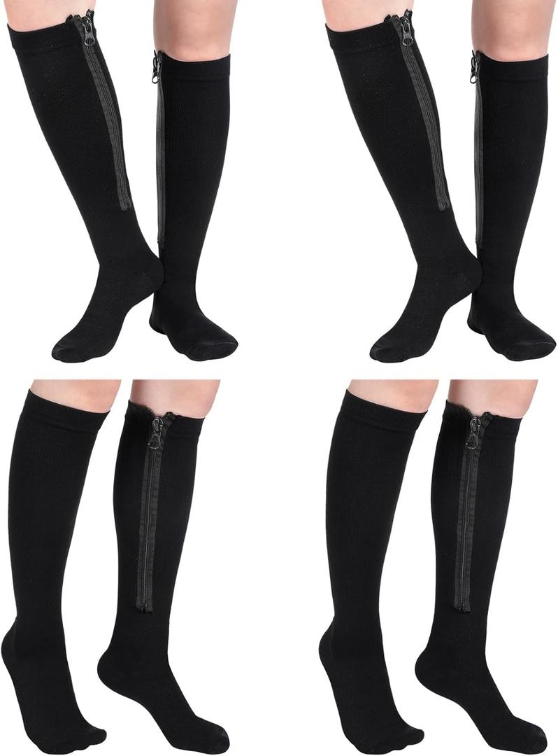 Tarpop 4 Pairs Inside Zipper Compression Socks 20-30 Mmhg Women Men Stockings with Zipper Closed Toe Zip up Compression Socks for Women Men (Small, Black)