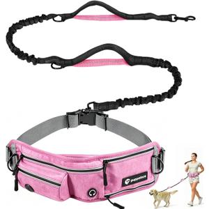 Hands Free Dog Leash with Waist Pack Bungee for Running Pink