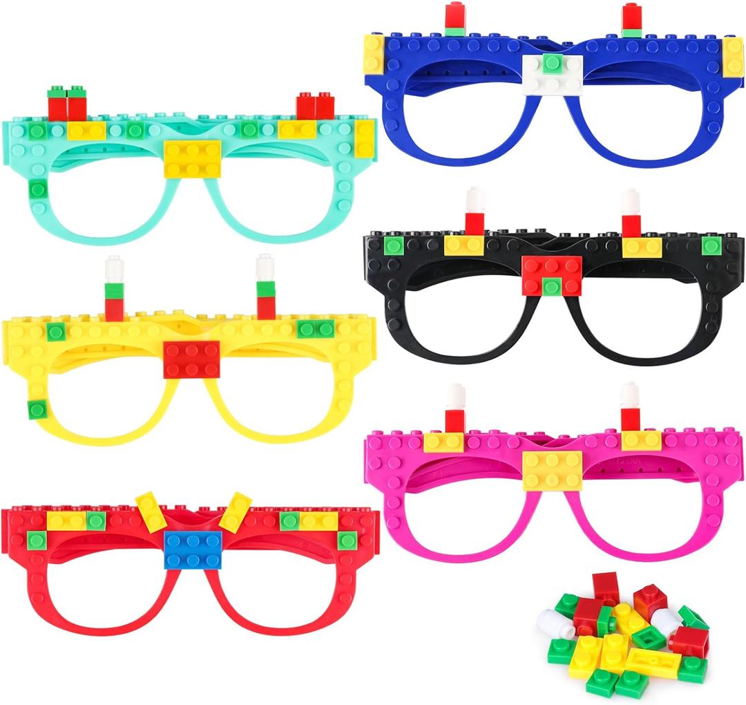 Hxezoc 12 Pcs DIY Building Bricks Glasses Building Blocks Games for Kids Creative Building Block Birthday Party Supplies (Yellow, Red, Cyan, Rose Red, Blue, Black)