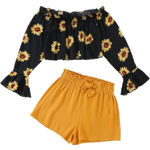 SOLY HUX Girl's 2 Piece Outfit Summer Boho Floral Print Long Sleeve Top and Shorts Set Cute Clothes for Girls, 6-7Y