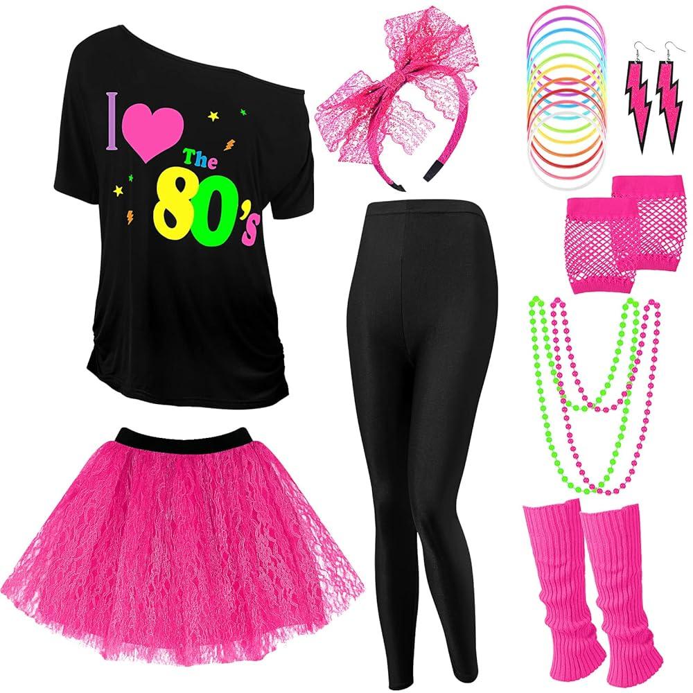 Vabean 19 Pcs 80s Costume Set T Shirt Leggings Tutu Skirt Headband Necklace Bracelets Earrings Gloves Leg Warmers for Women XL