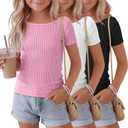 3 Pack Girls Shirts Cotton Basic Tees Ribbed Knit Slim Fit T Shirts Boat Neck Tops Casual for Kids Ages 5-14