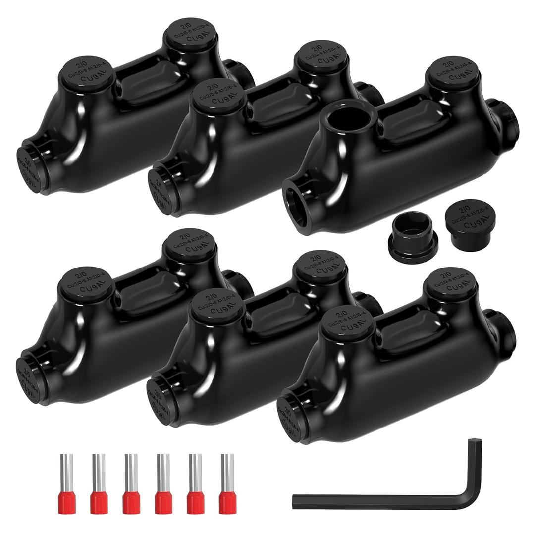 Joinfworld Insulated Inline Splice Connector 2/0-6 Gauge Aluminum to Copper Wire Connectors 6 AWG Splice Aluminum Wire Connectors with Slotted Allen Hex - 6 Pack