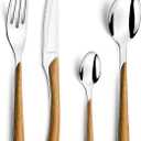 Amefa Natural Wood Handle Silverware Set - 24-Piece, Brown & Casual - Faux Wood Handle Flatware Service for 6 in Polished 18/0 Stainless Steel - Dishwasher Safe & Rust Resistant