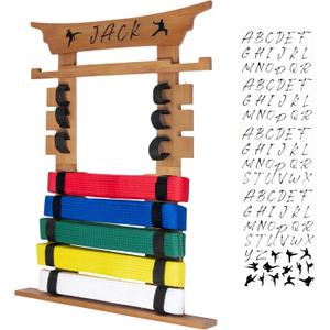 Wall Karate Belt Display Rack with Medal Hanger and Stickers, Martial Arts Belt Display Holder, 8 Belt Taekwondo Belt Belt Display Hanging Holder for Kids and Adults-Brown