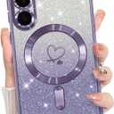 Bonoma Compatible with Samsung Galaxy S25 Plus Case Support for MagSafe, Plating Heart Glitter Magnetic Case TPU Camera Protection Back Cover for Phone Case -Purple