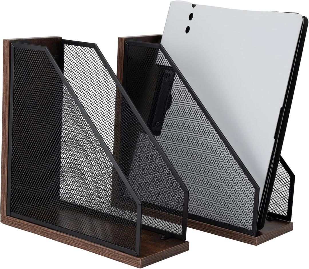 Antique Wooden Magazine Holder,Mesh File Holder for Desk, Office Desk Accessories Decorative File Box (2 Pack Black)