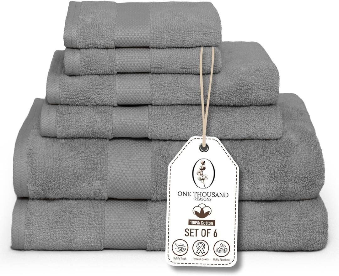 Premium Staple Cotton Bathroom Towel Set - Gray 600 GSM 6-Piece Luxury Bath Towel Set 1 Stripe - 2 Bath Towels, 2 Hand Towels & 2 Washclothes Set - High Absorbent & Quick Dry for Gym, Spa, Hotel, Gray 