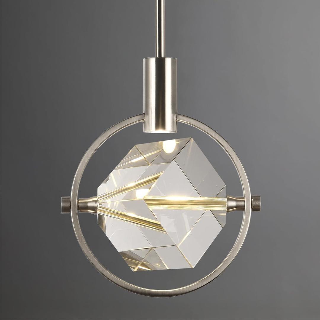 Cube Crystal Pendant Light Fixture, Modern Small Pendant Lighting for Kitchen Island, Dimmable Brushed Nickel Pendant Chandelier Hanging Light for Dining Room, Bar, Bathroom
