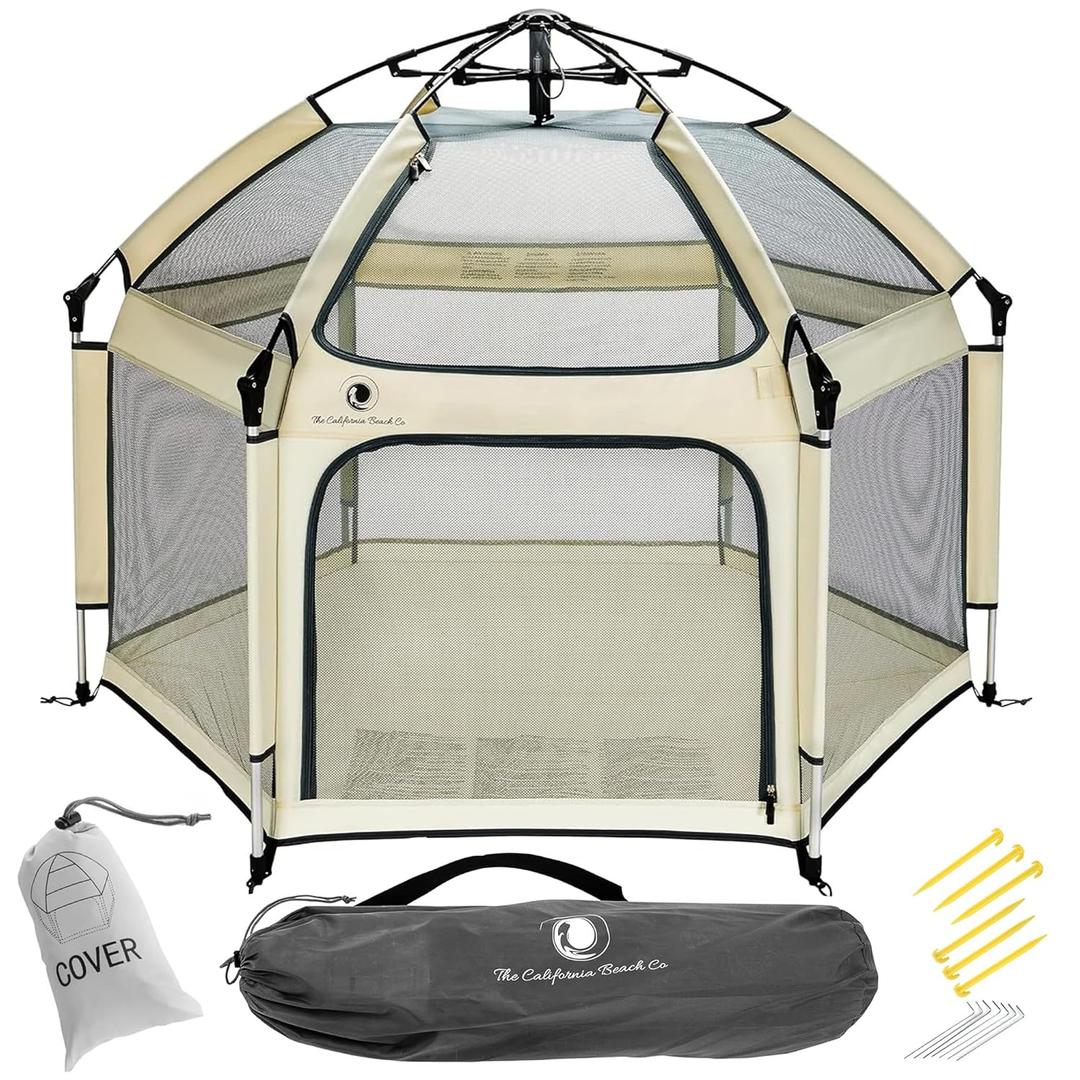 POP 'N GO PLAYPEN - Indoor & Outdoor Baby Playpen for Babies and Toddlers - Baby Beach Tent, Foldable, Portable W/Canopy, Travel Bag, & Mosquito Net - Pop Up Pack and Play Tent (Warm Ivory)