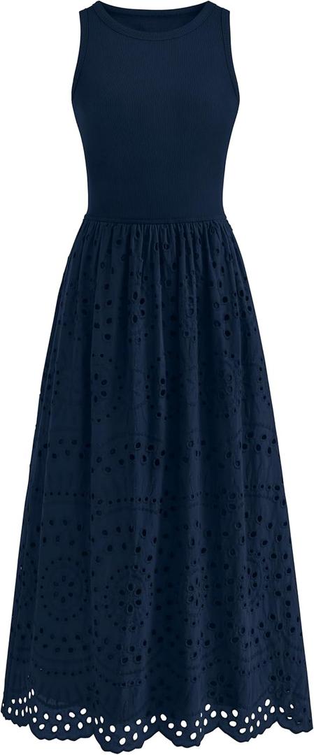 dowerme Women Summer Dresses 2026 Casual Sleeveless Crewneck A-Line Boho Lace Eyelet Cotton Tank Maxi Dress with Pockets, Navy Blue, Large