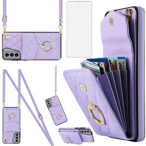 Asuwish Phone Case for Samsung Galaxy S21 5G 6.2 inch Wallet Cover with Tempered Glass Screen Protector and Wrist Strap Ring Stand RFID Blocking Credit Card Holder Cell S 21 21S G5 Women Girls Purple
