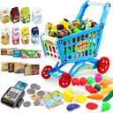 deAO Kids Shopping Cart Trolley for Groceries Toddlers 65 Food Fruit Vegetables Pretend Play Food Role Play Educational Toy Play Kitchen Toys Store Playset (Blue)