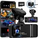 3 Channel Dash Cam Front and Rear Inside, 2.5K Dash Cam, APP Control, Night Vision, 3" IPS Screen, Built-in Wi-Fi, G-Sensor, 24H Parking Mode, Loop Recording, 64GB SD Card Included, K02