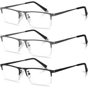 3-Pack Reading Glasses for Men, Lightweight Metal Half Frame Blue Light Blocking Computer Readers, Stylish Filter UV Ray/Computer Glare with Spring Hinge Eyeglasses(2PCS Gray+1PCS Black,+2.0)