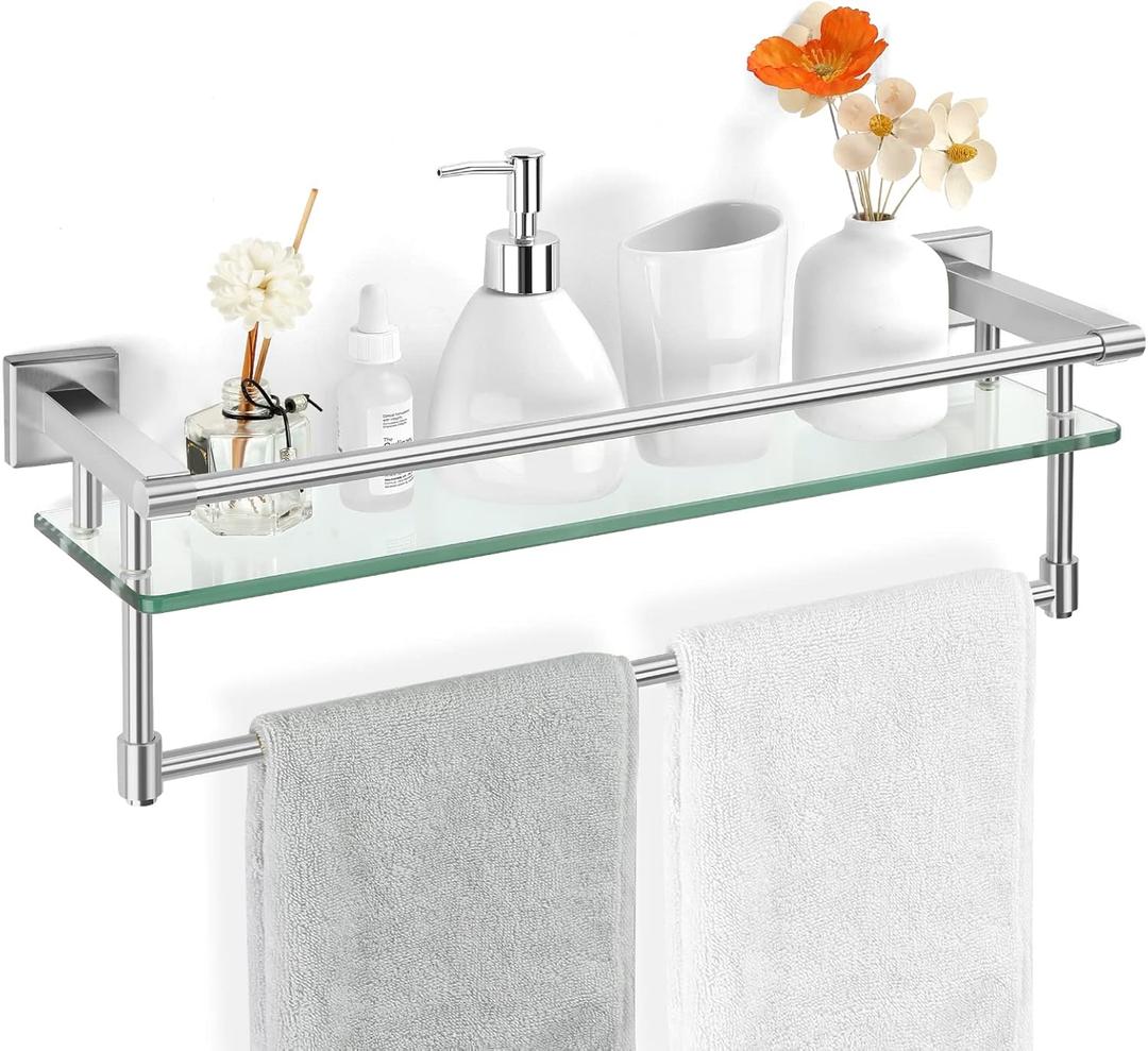Glass Bathroom Shelf with Towel Bar, Stainless Steel Tempered Towel bar/Track Glass Bathroom Shelves Wall Mount Over The Toilet (Brushed Nickel, 20-inch)