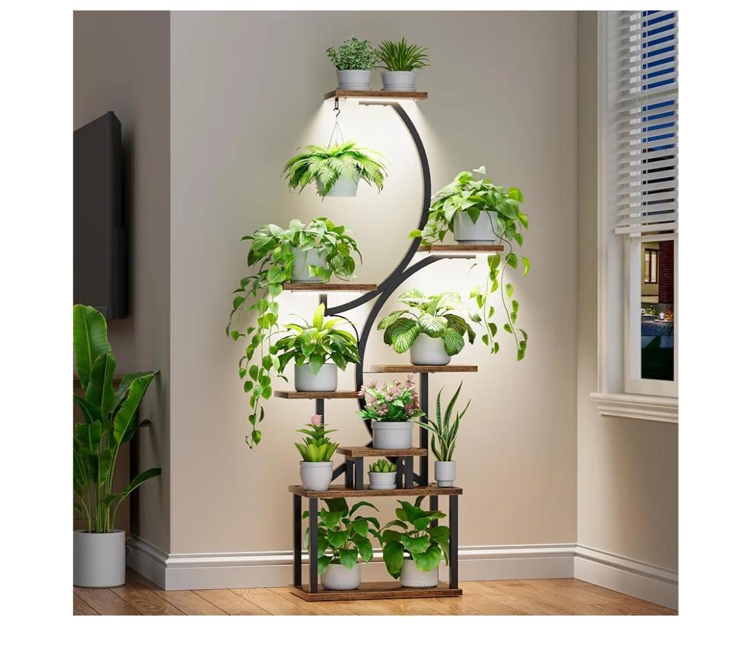 Bamworld Plant Stand with Grow Light for Indoor Plants Corner 8 Tier Metal Plant Shelf Wood Flower Stand for Home Living Room Decor Patio Decor