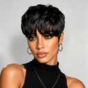 Short Human Hair Wig for Women Pixie Cut Wigs with Bangs Layered Style Glueless Full Machine Made Natural 1B, 4#, 99J Colors for Daily Use Brazilian Virgin Human Hair Wig (1b)