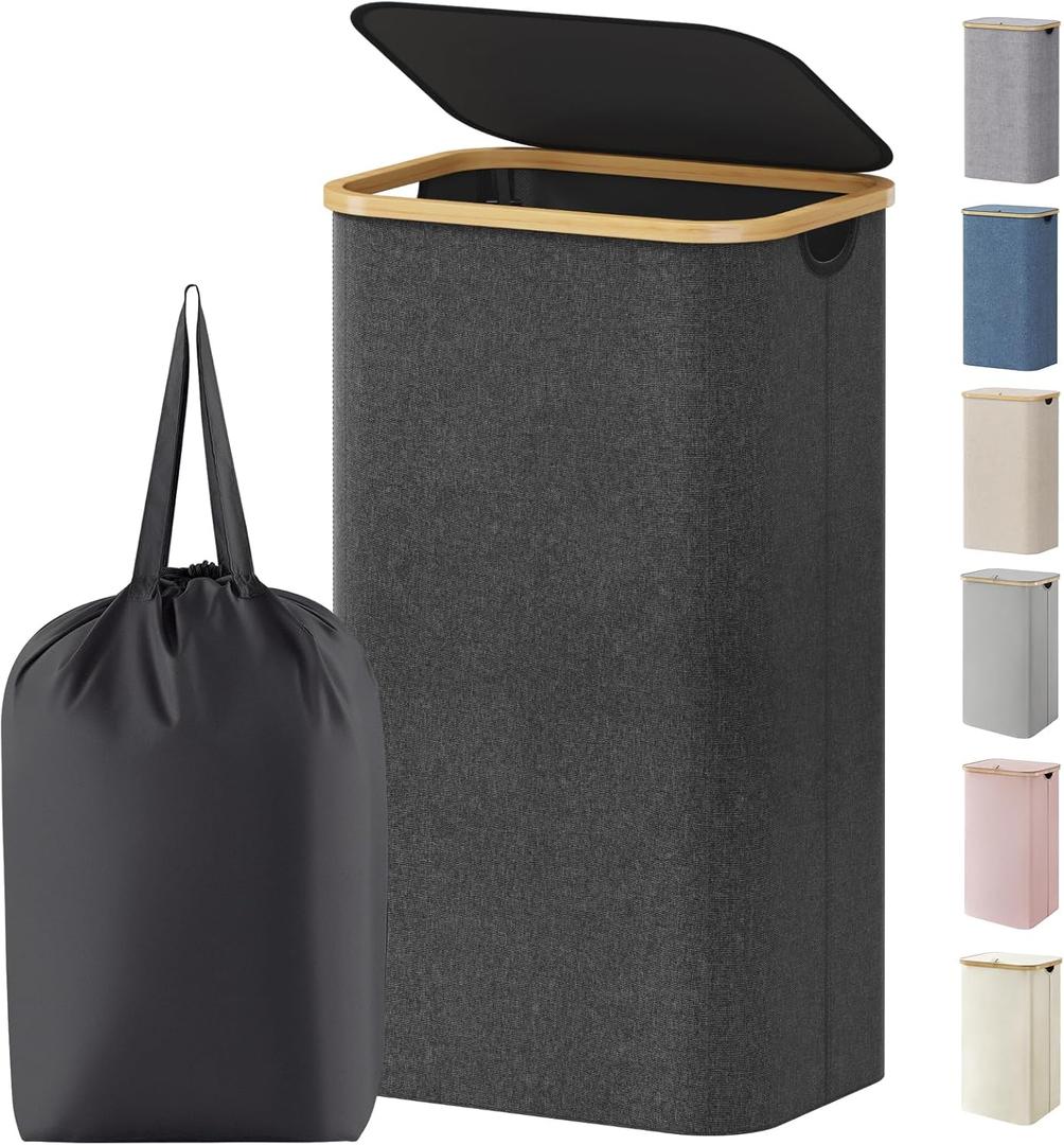 Lifewit 100L Laundry Basket with Lid, Clothes Hampers for Laundry with Bamboo Handles and 1 Removable Bag, Large Foldable Laundry Hamper for Bedroom, Bathroom, Dorm, Laundry Room, Dark Gray