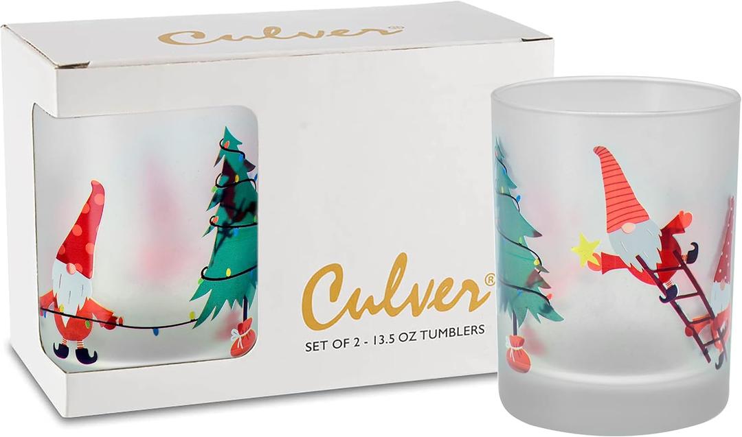 Culver Holiday Decorated Frosted Double Old Fashioned Tumbler Glasses, 13.5-Ounce, Gift Boxed Set of 2 (Gnomes Decorating Christmas Tree)