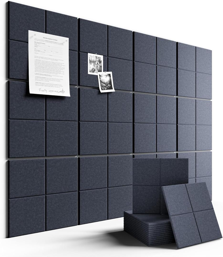 Large Felt Bulletin Board 48" x 36", 12-Pack 4-Compartment Wall Organizer, Cork Board Alternative with 70 Removable Adhesive Tabs, Modular Felt Panels for Home Office, Classroom and Study-Navy Blue