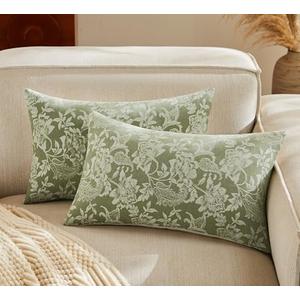 YZJZEDS Floral Jacquard Lumbar Throw Pillow Covers Set of 2, Background/Green 12x20 Inch, Farmhouse Decorative Cotton Sage Green Cushion Covers for Sofa Bed Living Room Home Decor