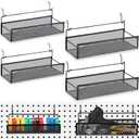 Shimeyao Pegboard Baskets Bins Set 4 Pcs Metal Pegboard Baskets with 8 Pcs Black Hooks, Organizer Accessories for Garage Workbench Kitchen Office Craft Room