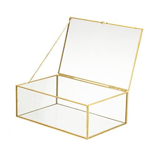 WHSLILR Vintage Glass Jewelry Box Keepsake Box with Hinged Lid and Mirrored Bottom, Great for Storage Trinket/Jewelry/Card/Photo, Gold Decorative Box for Dresser (Glod/Transparent, X-Large)