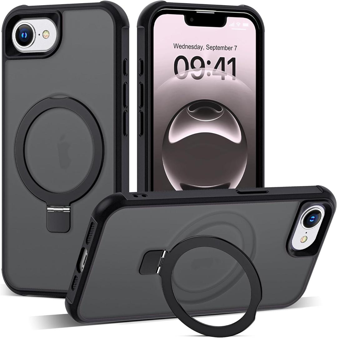 Compatible with iPhone 16E Case with Invisible Magnetic O-Ring Stand Military-Grade Translucent Case for iPhone 16E 6.1" 2025 [Compatible with Mag-Safe][Great Grip Feeling], Black