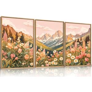 LHIUEM Large Abstract Colorful Mountain Framed Canvas Wall Art,Boho Pink Flower Wall Decor, Nature Wildflower Wall Painting,Bohemian Artwork for Living Room,Bedroom,Dining Room,Office -16"x24"x3