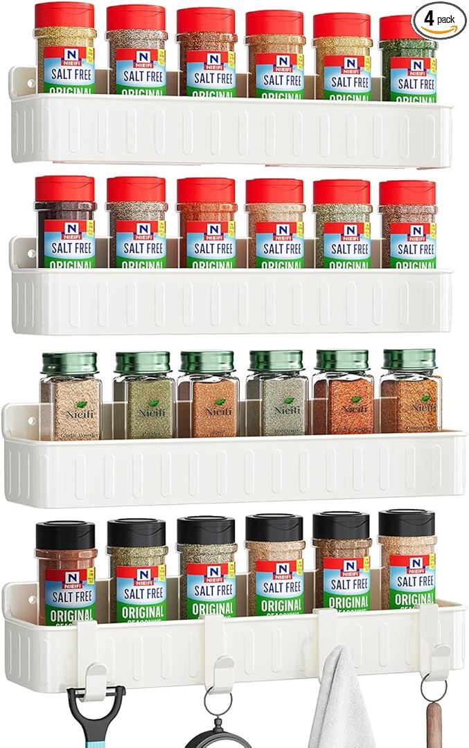 Nieifi Spice Rack Wall Mount, 4 Pack, Clear, Screw or Adhesive Installation, Spice Rack Organizer for Your Kitchen Cabinet or Pantry Door