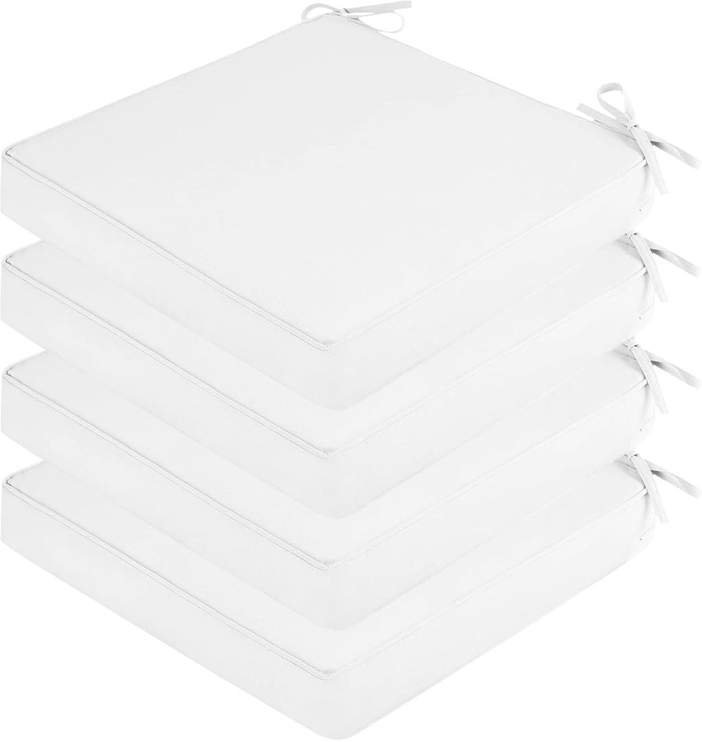 SK Studio Outdoor Chair Cushions for Patio Furniture, Set of 4 Waterproof Square Corner Memory Foam Patio Chair Cushion with Adjustable Ties Outdoor Seat Cushions, White, 18"x18"x2"