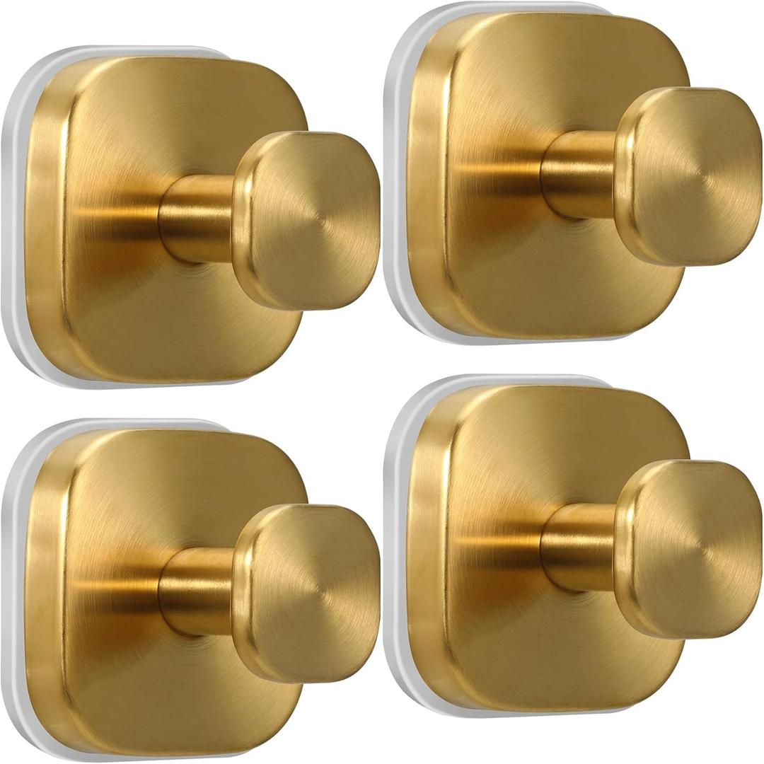 Suction Cup Hooks for Shower - Reusable No-Drill Mounting - Hooks for Towels, Robes & Loofah on Metal, Glass, Mirrors, Tile & Smooth Non-Porous Surfaces (4, Brushed Gold)