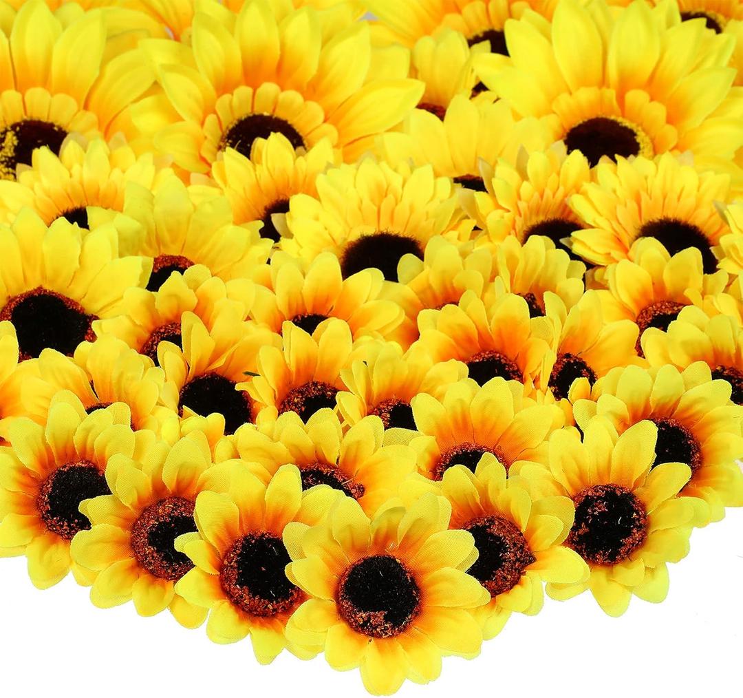 MTLEE 150 Pieces Fake Sunflower Artificial Silk Sunflower Heads Faux Flowers Decoration Yellow Floral Arrangements for Craft Home Party Wedding Decor, 1.57 Inch, 2.75 Inch, 3.5 Inch, 5.1 Inch