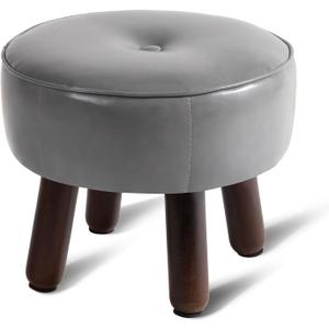 Ottoman, Small Foot Stool, Round Leather Pouf Ottoman, 13''L x 13''W x 10.2''H Foot Rest with Non-Skid Rubber Legs for Living Room Bedroom Couch Entryway, Grey