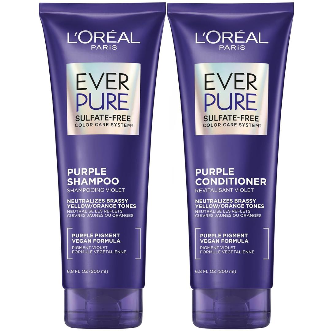 LOreal Paris EverPure Sulfate Free Brass Toning Purple Shampoo and Conditioner Set for Blonde, Bleached, Silver, or Brown Highlighted Hair, 1 Kit
