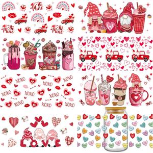 Valentines UV DTF Cup Wraps - 8 Sheets Valentines Day Crafting Cup Decal Transfers Waterproof Stickers for 16oz Glass Cup Rub On Transfers Decals with Red Pink Heart Rainbow Gnome Pattern