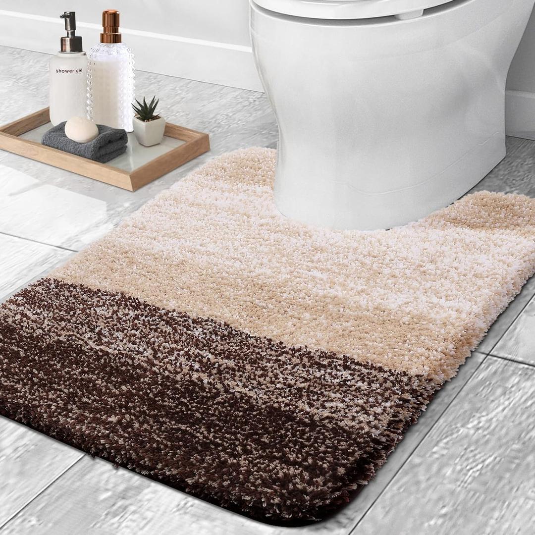 OLANLY Luxury Toilet Rugs U-Shaped 24x20, Extra Soft and Absorbent Microfiber Bathroom Rugs, Non-Slip Plush Shaggy Bath Mat, Machine Wash Dry, Contour Bathroom Mats for Toilet Base, Brown (24" x 20" Contour Rug, Brown)