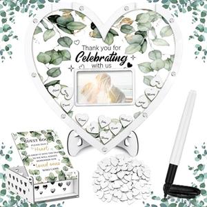 Colingmill Wedding Guest Book Alternative with 100 Wood Hearts, Drop Box Pen 13.5 x 13.5 Eucalyptus Leaves Theme Picture Frame Rustic Wedding Guest Book for Reception Ceremony(White,Heart)