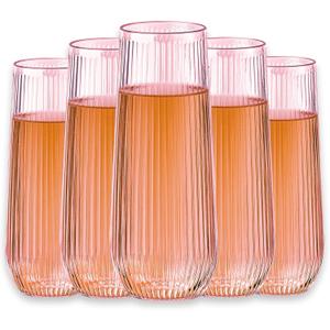 48 Pack Plastic Ribbed Champagne Flutes, 9 Oz Stemless Disposable Pink Clear Plastic Toasting Glasses Shatterproof Recyclable and BPA-Free Perfect For Wedding