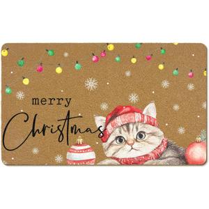 Merry Christmas Cat Coir Door Mats Outdoor, Winter Xmas Cat Welcome Front Door Mat Outside Entrance, Christmas Doormat Outdoor Indoor Entrance for Home Entryway Decor, Cats Gifts 17x30in