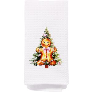 Christmas Kitchen Towel 16x24 Inches, Holiday Dish Towel with Gingerbread Man and Christmas Tree, Cute Festive Waffle Hand Towel