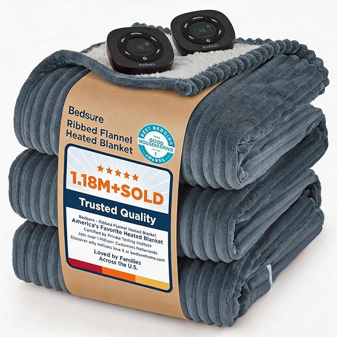 Bedsure GentleSoft Electric Blanket Queen Size  Soft Ribbed Flannel Heated Blanket with Dual Control, Heating with 10 Heat Settings & 10 Time Settings, 8 hrs Timer Auto Shut Off (84x90 inches, Grey)