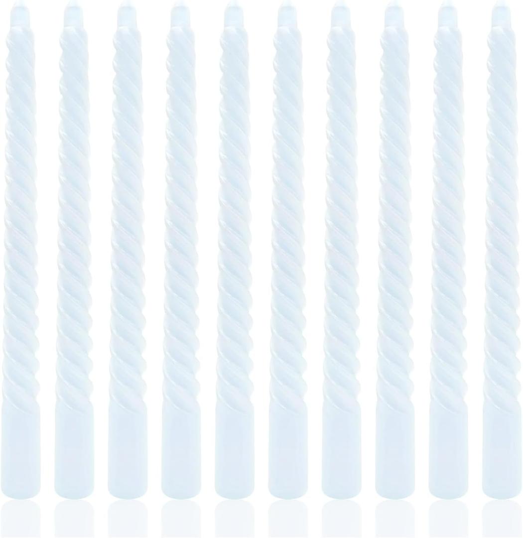10 Inch Light Blue (Pale Blue) Spiral Taper Candle Set, 10 Pack Unscented Dripless Long Burning Time Candlesticks for Dinner Party Wedding Shower and Home Decoration