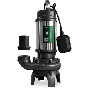 1 HP Sewage Pump Submersible, Stainless Pump Casing, E-Coated Semi-Open Cast Iron Impeller, Auto Float Switch, 115V, 2" NPT Discharge for Sump Basin, Sewage Well, Basement, Septic Tank, Trash