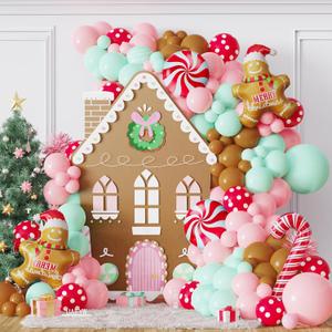 UAEYW 139Pcs Gingerbread Balloon Arch Garland Kit Pastel Pink Green Christmas Balloon Garland,30'' Gingerbread Man Candy Cane Balloon Christmas Cookiexmas Gingerbread House New Year Party Decorations