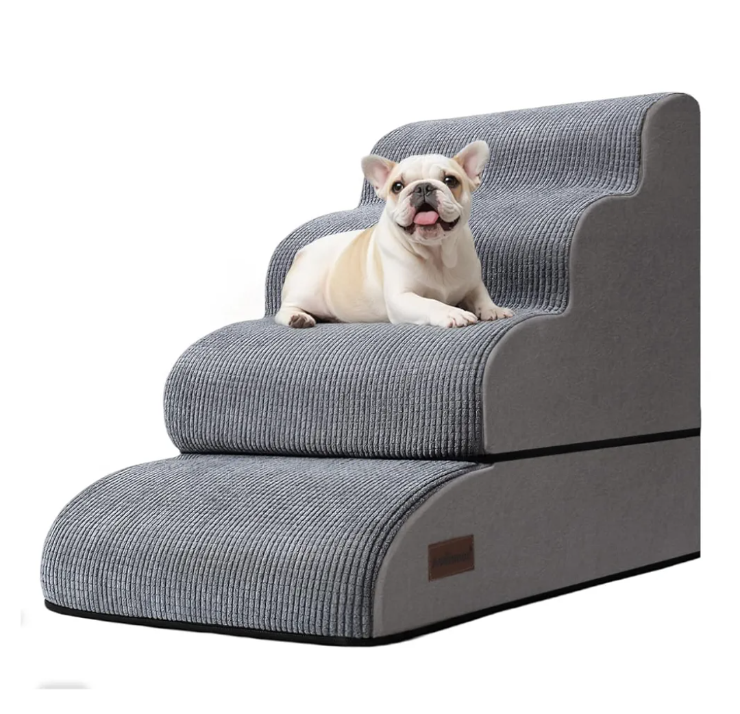 4-Step Dog Stairs and Ramp for Beds or Couches – Non-Slip Sturdy Pet Steps for Small Dogs and Cats,21" H,Grey